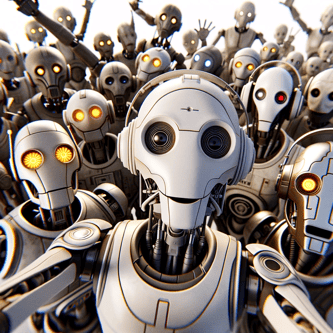 DALL·E 2023-12-13 10.52.55 - A selfie-style image from the cameras perspective, featuring a group of highly humanized droids. These droids have more human-like features, such as 
