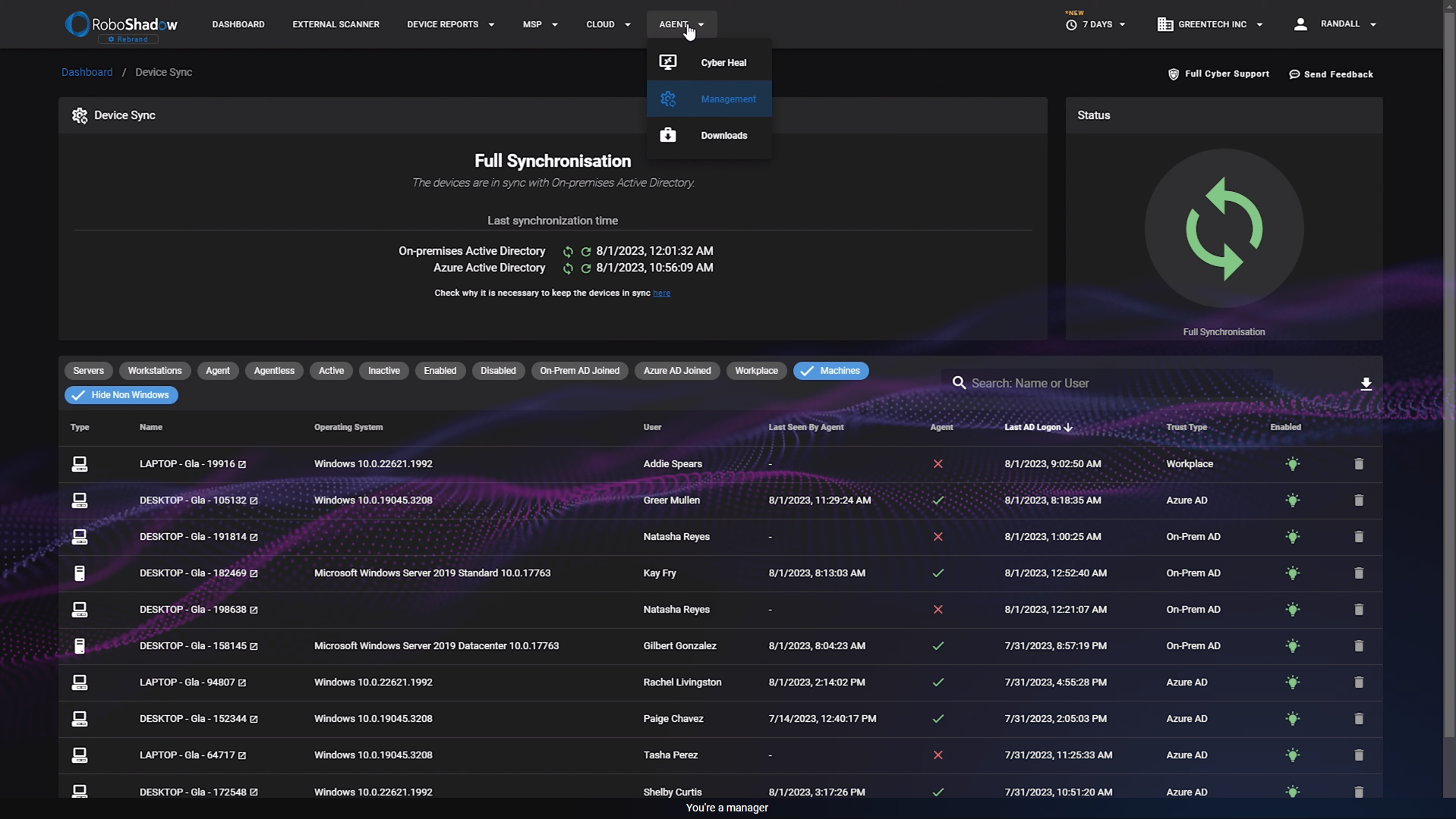 roboshadow management drop down menu