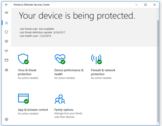 screenshot of windows defender interface